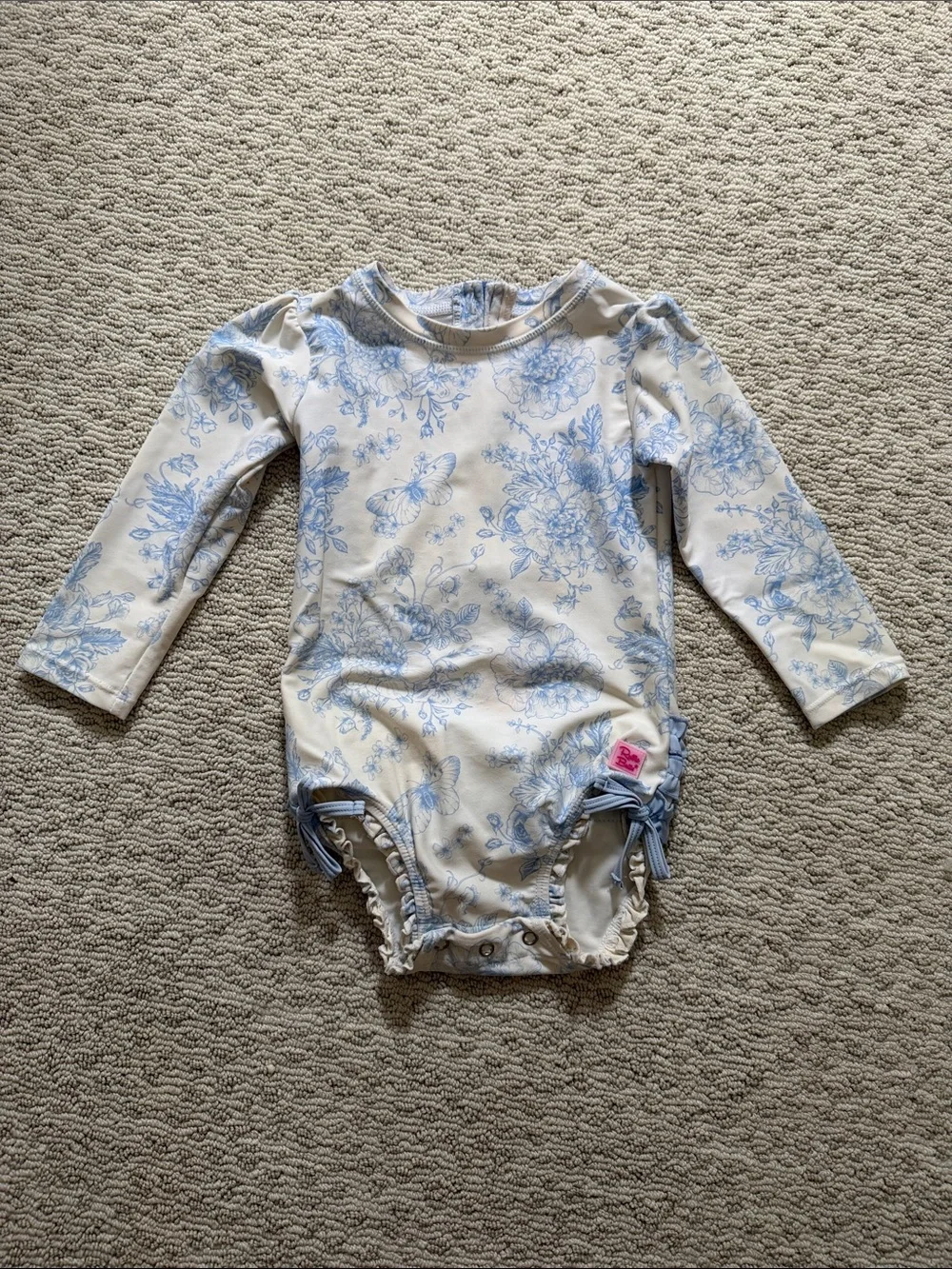 RuffleButts Blue Floral Long-Sleeve Rashguard Swimsuit